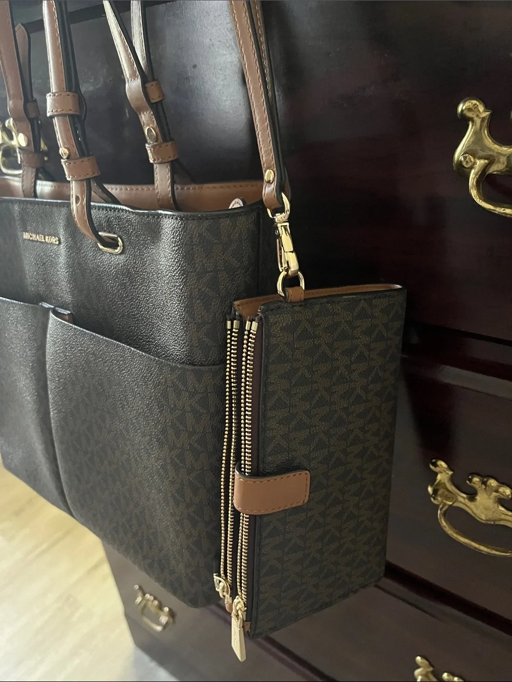 Michael Kors Brown MK Logo Tote with Tan Trim